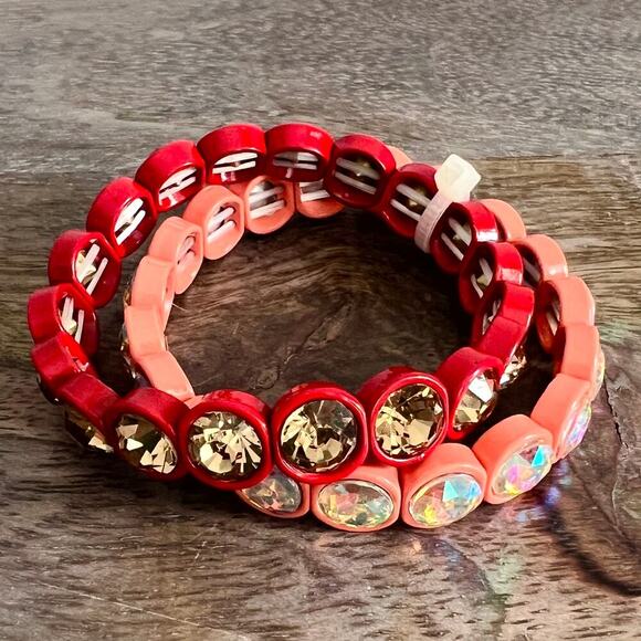 New Multicolor iridescent large rhinestone stretch bracelets - coral and red - Picture 2 of 5